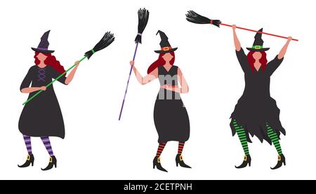 Les sorcières dansent avec les balais. Fête d'Halloween. Jeunes femmes en costumes de sorcière. Les gens célèbrent Halloween. Illustration vectorielle Illustration de Vecteur