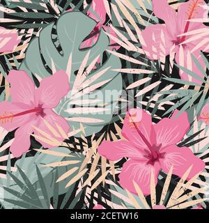 Fond de motif floral estival sans couture avec feuilles de palmier tropicales et fleurs d'hibiscus. Élégante palette pastel. Parfait pour les fonds d'écran, le Web Illustration de Vecteur