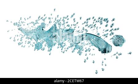 éclabousse de l'eau froide de glace avec des glaçons et bulles isolées blanc de gros plan Banque D'Images