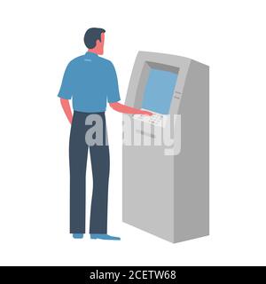 L'homme retire de l'argent d'un guichet automatique. L'homme utilise le terminal. Illustration vectorielle de style plat. Illustration de Vecteur
