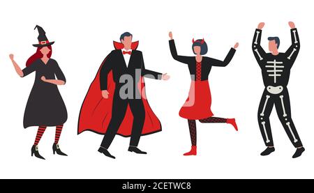 Fête d'Halloween. Les gens en costumes d'Halloween. Il y a une sorcière, un vampire, un imp et un squelette dans l'image. Illustration vectorielle Illustration de Vecteur