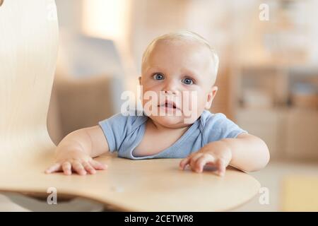 Portrait moyen en gros plan d'un petit garçon caucasien mignon tenant sur une chaise regardant l'appareil photo, espace de copie Banque D'Images