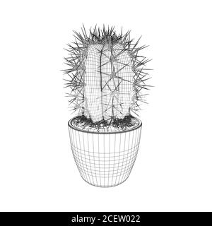 Cactus filaire dans un pot fait de lignes noires isolées sur fond blanc. 3D. Illustration vectorielle Illustration de Vecteur