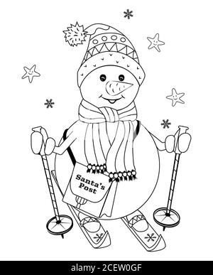 Bonhomme de neige avec bâtons et sac de postman. Illustration vectorielle pour livre de coloriage. Carte Christnas. Pour les enfants. Illustration vectorielle. Illustration de Vecteur