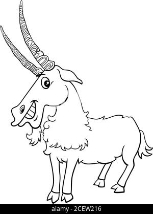 Dessin-modèle noir et blanc Illustration d'un animal de ferme de chèvre drôle Ou Capricorne Comic caractère coloriage page de livre Illustration de Vecteur