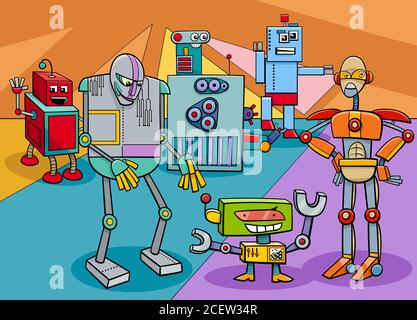 Dessin animé Illustration de Funny Comic robots Fantasy personnages Group Illustration de Vecteur