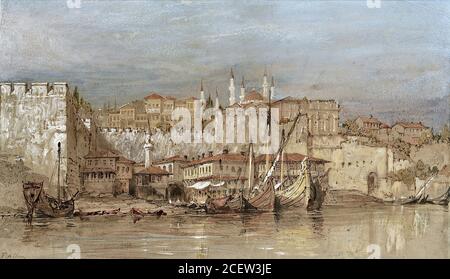 Allom Thomas - navires amarrés dans la Corne d'Or d'Istanbul - British School - 19e siècle Banque D'Images