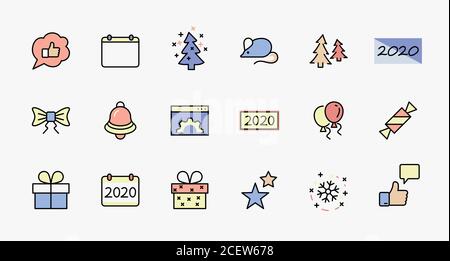 Bonne année cochons. Définir l'icône de ligne vectorielle. Contient des icônes telles que Pig, arbre de Noël, Calendrier 2019, Bow, ballons, Bell, Candy, boîte cadeau, Stars Illustration de Vecteur