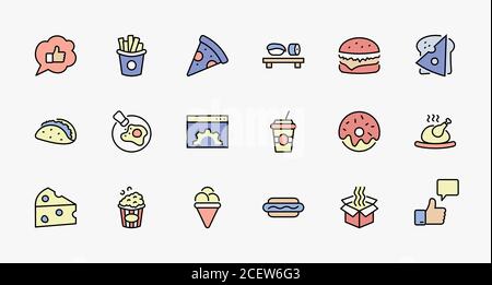 Ensemble d'icônes de la gamme Vector Line relatives aux aliments et boissons. Contient des icônes telles que pizza, frites, œuf, viande, sushi, poulet, hamburger, crème glacée, Donut, soupe Illustration de Vecteur