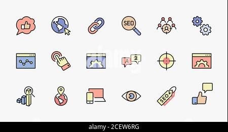 Ensemble d'icônes de ligne vectorielle liées à SEO. Contient des symboles tels que l'icône Web, l'œil, la localisation, le lien, le trafic, la translation, le suivi des performances, le point et Illustration de Vecteur