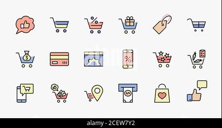 Panier Icônes Vector Line Jeu : Argent, Guichet Automatique, Produits De La Liste, Légumes, Carte Bancaire, Terminal, Sac, Shopping Préféré, Cadeaux, Express Checkout Illustration de Vecteur
