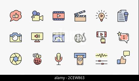 Icônes Vectorielles De Définition De La Ligne De La Journée Internationale Du Film. Contient des icônes telles que Clapperboard, Camera, Video, Play, Film, Lens, microphone, Media settings et Illustration de Vecteur
