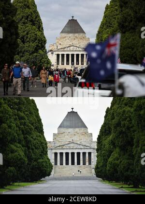 Sydney. 2 septembre 2020. La photo combinée montre aux touristes le sanctuaire du souvenir à Melbourne, Australie, le 25 avril 2019 (en haut, pris par Bai Xuefei) et une scène vide au sanctuaire le 3 août 2020 (en bas, pris par Bai Xue). L'Australie a enregistré une contraction de 7 pour cent de son produit intérieur brut (PIB) pour le trimestre de juin de mercredi, marquant officiellement la première récession du pays en 30 ans, alors que la COVID-19 a fait un énorme tribut. Credit: Xinhua/Alay Live News Banque D'Images