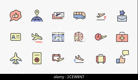Ensemble D'Icônes De Ligne Vectorielle Liées À Airport. Contient des icônes telles que Globe, Departure, avion, bus, billets, réclamation de bagages, Calendrier, Kit et plus encore Illustration de Vecteur