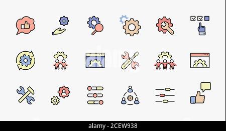Ensemble de paramètres et configuration des icônes de ligne vectorielle. Contient des icônes telles que vitesse, Réglage, commande, Iinstall, Options, Service, etc. Contour modifiable Illustration de Vecteur