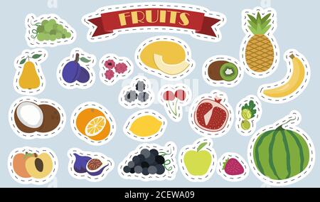 Ensemble de fruits et de baies à vecteur plat. Autocollants lumineux avec l'image de jolis légumes d'été dans le style de dessin animé. Un ensemble de produits alimentaires sains isolés. Illustrations pour une épicerie, une bannière, un jardin, un restaurant ou un menu. Illustration de Vecteur