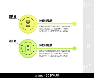 Cercles infographiques avec 2 étapes, icônes. Modèle vectoriel à ligne plate. Peut être utilisé pour deux diagrammes, business, web, banner, workflow layout, presentatio Illustration de Vecteur