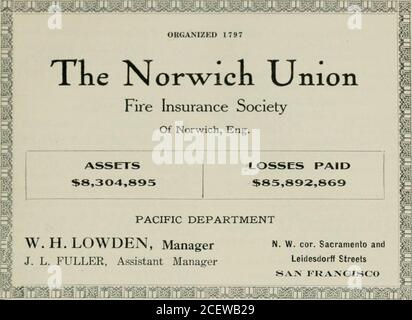 . Revue de la côte. Incendie et Marine Ins Co. Springfield, Mass. Capital, actif, 2,000,000 $ OO7,2 0 4,9 5 8 SO A. W. Damon, Président W. J. Mackay, Secy Chas. E. Galacar, vice-Prest F. H. Williams, Treas. Département du Pacifique : bâtiment K.0KI, - San Francisco GEO. W. DORNIN JOHN C. DORNIN adjoint au gestionnaire Gestionnaire, examen de la côte 83. L'INCENDIE a payé toutes les pertes de San Francisco rapidement MARINE Banque D'Images