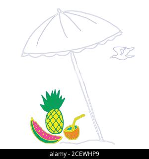 Parapluie à carte solaire brillant, ananas, tranche de pastèque, noix de coco Illustration de Vecteur