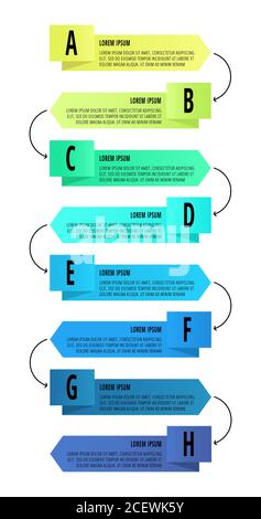 Infographie vectorielle avec 8 rectangles et flèches. Modèle plat utilisé pour le diagramme, le Web, la bannière, la mise en page du flux de travail, les présentations, l'organigramme Illustration de Vecteur