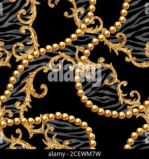 Motif Golden Chain sans couture. Aquarelle texture de mode dessinée à la main avec chaînes dorées et éléments de style baroque sur fond de zébré rayé. Watercol Banque D'Images