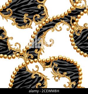 Motif Golden Chain sans couture. Aquarelle texture de mode dessinée à la main avec chaînes dorées et éléments de style baroque sur fond de zébré rayé. Watercol Banque D'Images