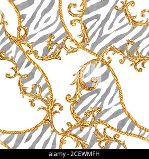 Motif Golden Chain sans couture. Aquarelle texture de mode dessinée à la main avec chaînes dorées et éléments de style baroque sur fond de zébré rayé. Watercol Banque D'Images