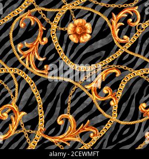 Motif Golden Chain sans couture. Aquarelle texture de mode dessinée à la main avec chaînes dorées et éléments de style baroque sur fond de zébré rayé. Watercol Banque D'Images