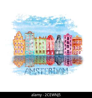Illustration de la ville d'Amsterdam avec aquarelle peinte à la main de vieilles maisons européennes et réflexions dans l'eau sur la tache bleue sarcelle isolée sur fond blanc. Banque D'Images