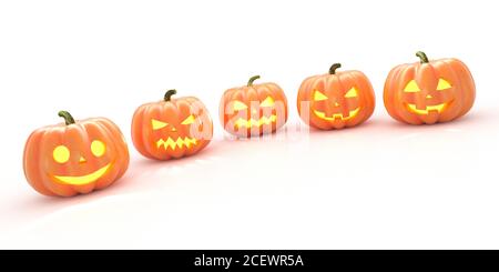 Beaucoup de citrouilles d'Halloween dans une rangée isolée sur fond blanc. rendu 3d Banque D'Images