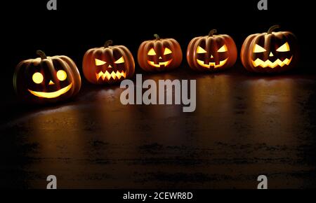 Citrouilles d'Halloween avec reflets sur fond sombre. Carte de voeux pour Halloween. rendu 3d Banque D'Images