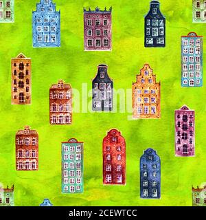 Maisons de la vieille europe. Décor sans couture de maisons colorées de style européen d'amsterdam sur fond vert aquarelle. Gabarit dessiné à la main illust Banque D'Images
