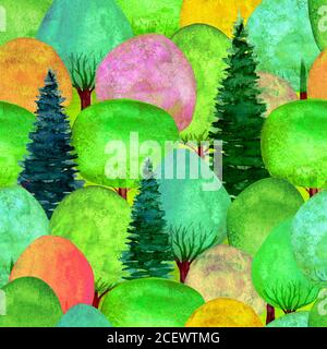 Motif sans couture d'arbres multicolores aquarelle sur fond d'herbe verte. Illustration de texture de modèle de aquarelle dessinée à la main. Imprimé pour textile, fabr Banque D'Images