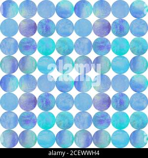 Arrière-plan aquarelle abstrait avec cercles colorés sur blanc. Bleu turquoise aquarelle dessiné à la main, motif sans couture bleu violet. Texture aquarelle de forme ronde Banque D'Images