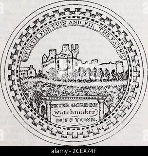 . Notes et requêtes du journal Aberdeen. 3), il peut être dit plus loin tJhat Old WilliamGordon, horloger, Dufftown, était dans l'habitude d'utiliser une grâce dont nohearer a compris. Les deux illustrations sont des productions des étiquettes de montre utilisées par lui, et M ere gravé par ses mains ovui... La première illustration montre les ruines de l'ancien château de Balvenie, près de Dufftown, avec thomotto de tho Stuarts, Earl's d'Athol, qui a iwboledly sculpté sur le mur avant de tho. Le second représente le nouveau château, maintenant utilisé comme partie des bâtiments de la distillerie Balvenie. Vieux Williams ! Neveu, Peter G. Banque D'Images