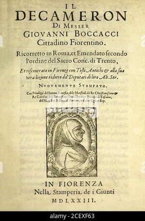 Decameron. Page de titre d'une édition 1573 du Decameron par Giovanni Boccaci. Banque D'Images