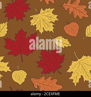 Motif vectoriel sans couture des feuilles d'automne. Arrière-plan de feuilles d'érable, de tilleul, de chêne et de bouleau. Motif de la saison d'automne. Illustration de Vecteur