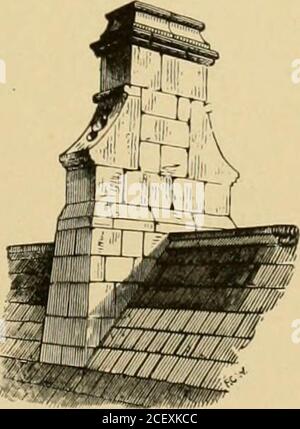 . Un cyclopædia domestique d'informations pratiques ... Kig. 4^ ceux de la Fig. 46, sont disposés pour les six et cinq flues. Fig. 47- celle de la Fig. 47, a des flueson de ventilation sur les côtés. Les cheminées doivent être bien effectuées sur la crête du toit. Mais rarement intermédiaire entre les avant-raves et la crête. Ils avouent un bon traitement s'ils sont placés dans les murs extérieurs. Toutes les chimnéysine de telles positions devraient avoir des gables ou des ridgesemont derrière eux afin d'empêcher le ca-cumulation de la neige, (voir arrière de cheminée infibre. 29), et cela devrait être bien étudié en endénant tous les toits. Toutes les cheminées qui se produisent à l'extérieur Banque D'Images