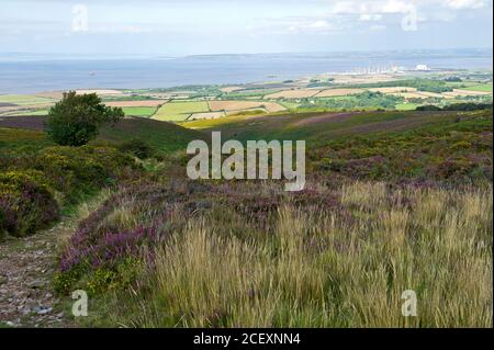 Vue vers le canal Bristol et la centrale Hinkley point depuis les collines de Quantock, Somerset, Angleterre Banque D'Images