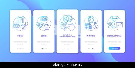 Types d'investissement intégration de l'écran de la page d'application mobile avec des concepts Illustration de Vecteur