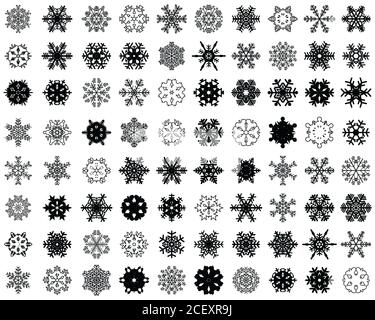 Ensemble de différents flocons de neige noirs sur fond blanc Banque D'Images