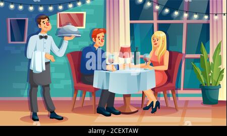 Homme serveur table de service pour les clients au restaurant Illustration de Vecteur