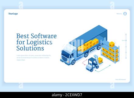 Logiciel pour les solutions logistiques page d'accueil isométrique, service de livraison de camion, chariot élévateur de chargement de fret dans l'entrepôt. Transport, distribution d'expédition, importation de marchandises importation 3d vecteur web bannière Illustration de Vecteur