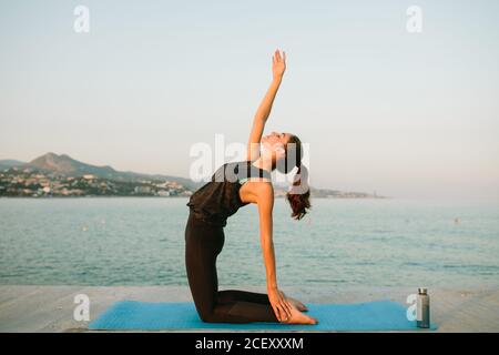 Vue latérale d'une femme tranquille à Ustrasana pratiquant le yoga avec les yeux fermés et le bras levé sur la jetée près de la mer pendant coucher de soleil en été Banque D'Images