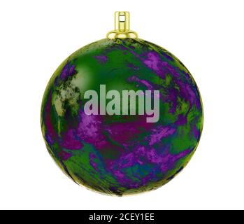 Boule de noël texturée violet vert, jouet en verre pour arbre de Noël isolé sur fond blanc, illustration 3d Banque D'Images