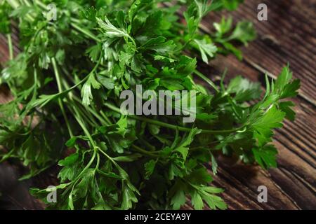 Feuilles de persil vert, utilisées comme herbes dans la cuisine, sur un panneau en bois sombre Banque D'Images