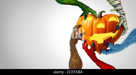 Halloween Spooky Halloween Monster mains tenant un coeur de citrouille comme un zombie un loup-garou une momie et un diable rouge creepy main saisissant un jack o lanterne. Banque D'Images