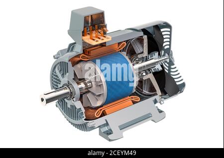 Section de moteur électrique industriel, rendu 3D isolé sur fond blanc Banque D'Images