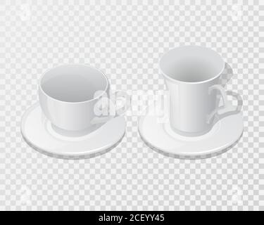 Ensemble de plats en céramique pour boissons.tasses avec soucoupe sur un fond transparent isolé.Мock-up.modèle pour la conception.3Д .isometry.Illustration vectorielle. Illustration de Vecteur