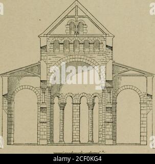 . L'architecture romane. 5 j^. FIGURE I02. ÉGLISE DE V I G N O R Yj HAUTE-MARNE (France).(Plan.) de Montiérender et église de Vignory.I. Jules Çlmcharas., Mélanges darchéologie, etc. HISTORIQUE et CARACTERES. 77 la nef de cette dernière fille église, réminiscence desbasiliques latines, est forme de deux parcours darcadesen plein ctre, au-dessus desquelles semèvent dautresarcades subdivisé, qui ne sont plus quun simulacretraditionnel. A Vignory, ces accessoires sup-. FIG. LOj. GLISE DE VIGNORY, HAUTE-MARNE (FRANCE). (Coupe transversale de la nef.) claient pas une galerie haute, selon le Banque D'Images